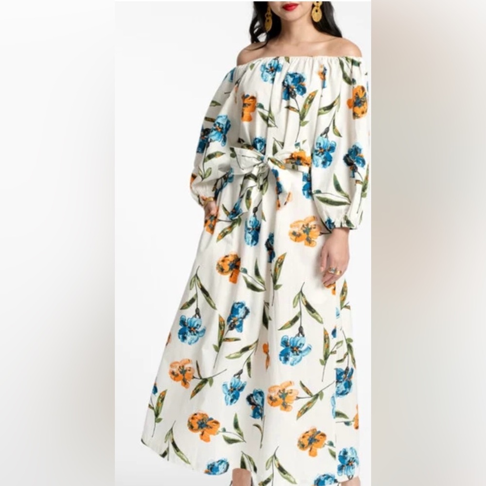 Frances Valentine Bliss Maxi Dress Oyster/Blue/Orange Iris/Cotton Size 1X NWT
